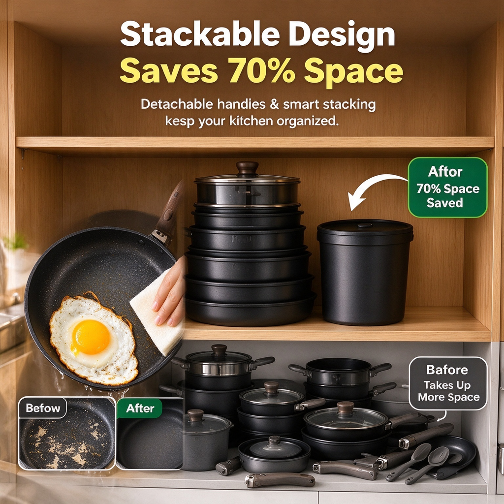 21 Pcs Stackable Non‑Stick Cookware Set with Detachable Handles, Oven ...